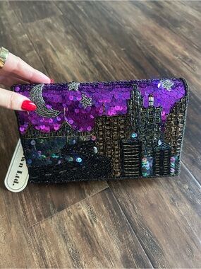 Sequin Cityscape Clutch Bag in Purple